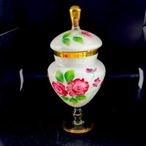 Vintage Hand Painted Rose Floral Apothecary Glass Jar with Lid